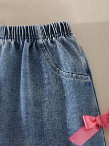 Genkimix Kids Girls' Casual Cute Round Neck Raglan Sleeve Loose Cropped Butterfly Print T-Shirt And Elastic Waist Straight Loose Jeans Pants With 3D Bow Design, Back To School Outfit, All Season Fall Winter - Pink - View 5