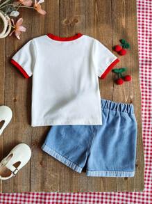 SHEIN Infant Girls 2-Piece Set: Red And White Cherry Print Crew Neck Top With English Letter And Embroidered Light Blue Cherry Denim Shorts, Adorable And Sweet Style, Classic Cherry Pattern, Loose Fit, Suitable For Outing, Leisure, Party, Showcasing Playful And Cute
