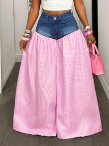 BamGleam 女式休闲街头拼布格子阔腿牛仔裤 - 中等水洗藍 - 查看 7