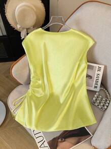 GlowEve 女式优雅纯色V领侧抽绳衬衫，夏季 - 黃色 - 查看 2