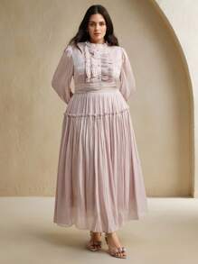 Anewsta Plus Size Women Long Patchwork Ruffle Hem Elegant Versatile Dress - Red Violet - View 5