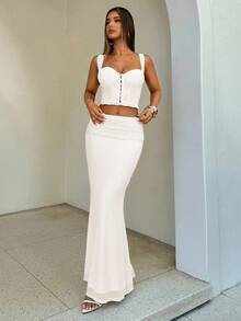 Aloruh 2pcs/Set Women's Sexy Ruched Bustier Cropped Top And Fishtail Hem Bodycon Skirt, Fitted - White - View 2