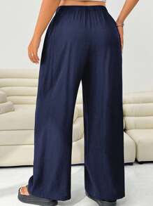 SHEIN EZwear Plus Size Casual Solid Color Straight Leg Pants,Fall Clothes For Women - Navy Blue - View 2