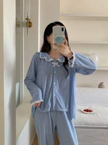 青少年女孩淺藍色純色寬鬆蕾絲飾邊蝴蝶結長袖上衣與長褲睡衣套裝，柔軟睡衣，秋季，仙女風，家庭套裝 - 淺藍色 - 查看 7