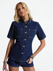 SHEIN Unity Plain Color Front Button Pocket Relaxed Short Sleeve Denim Jacket - Blue - View 4
