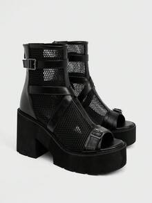 Sugerpunk 女式黑色厚底凉鞋，露趾粗高跟踝带拉链后罗马鞋，橡胶鞋底 | 多功能四季休闲鞋 - 黑色 - 查看 2