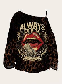 EMERY ROSE Casual Minimalist Full Print Leopard Pattern & Red Lip Asymmetrical Collar Plus Size T-Shirt, Spring And Autumn - Multicolor - View 1