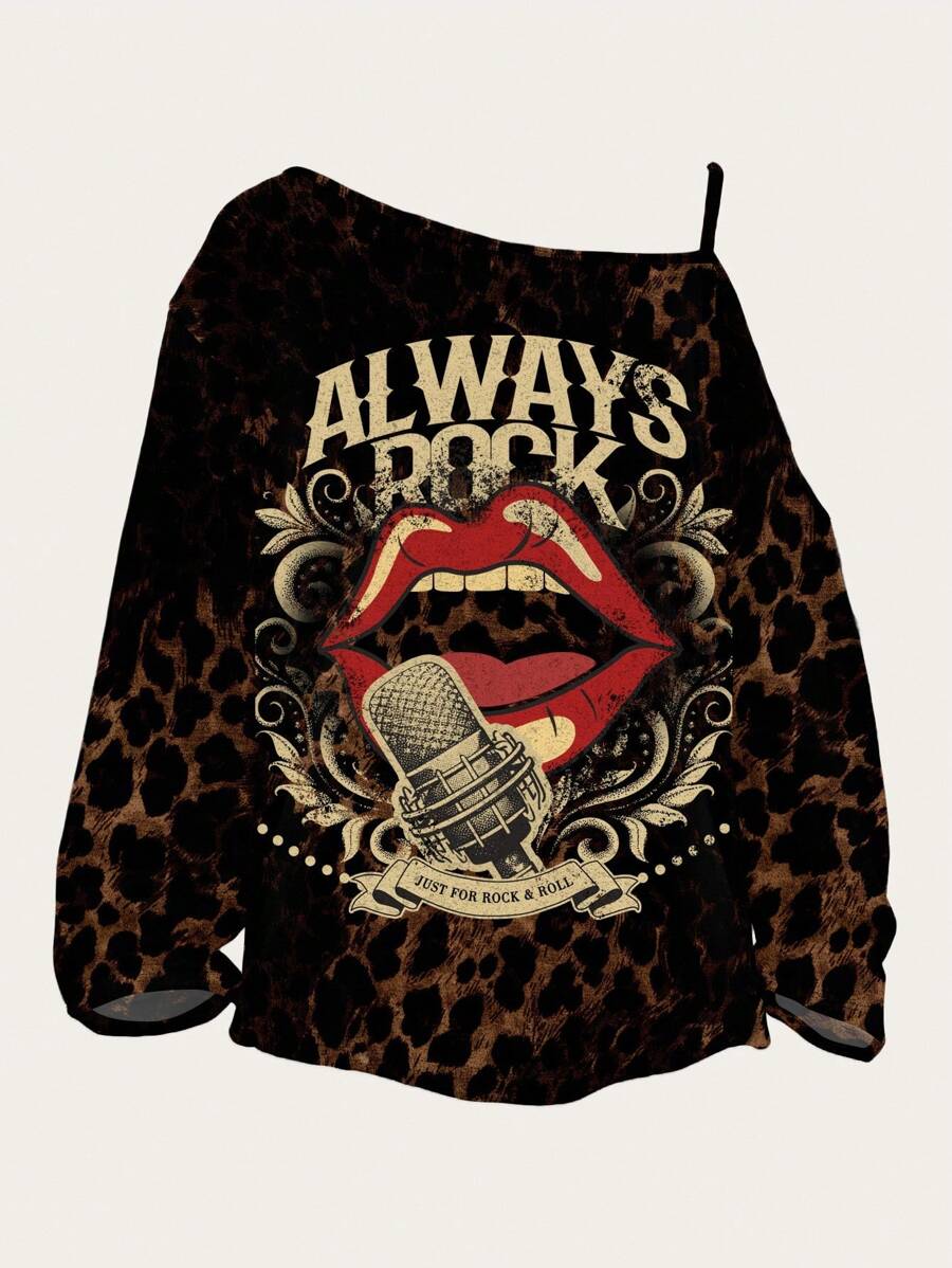 EMERY ROSE Casual Minimalist Full Print Leopard Pattern & Red Lip Asymmetrical Collar Plus Size T-Shirt, Spring And Autumn - Multicolor - View 1