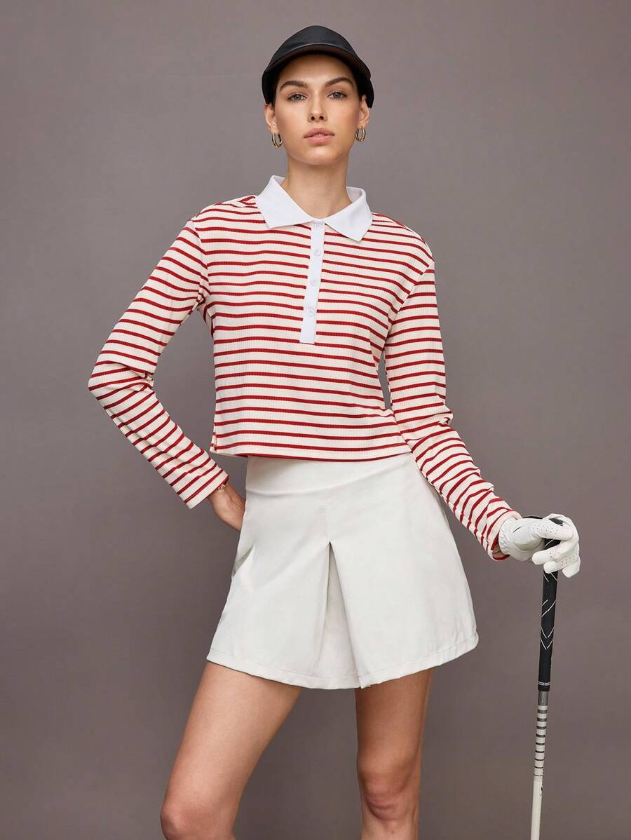 Activina 女式条纹长袖休闲运动 Polo 衫 - 紅白色 - 查看 1