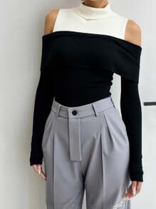 SHEIN EZwear 1 件女式露肩二合一保暖针织上衣，款式可爱，适合秋冬季 - 黑色 - 查看 3