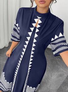 Elenzga Halloween Plus Size Women Geometric Print 3/4 Sleeve 2 In 1 Dress