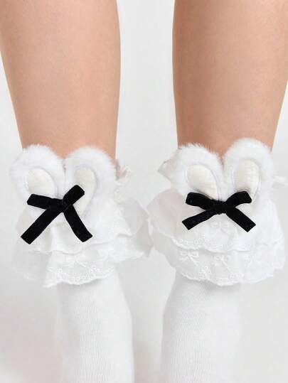 Kawaii 1 Pair Cute Fluffy Rabbit Ear Black Bow Accent Mid-Calf Socks, Multilayer Lace Trim Breathable Short Socks, Sweet Style Daily Versatile JK School Uniform Socks For Women