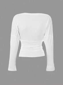 INAWLY 大码女式纯色腰部褶饰落肩长袖T恤 - 白色 - 查看 2