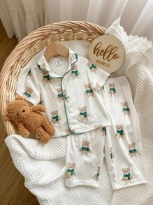 Baby Boys Cute Bear Pattern Lapel Snap Front Short Sleeve Pants Casual Loose Homewear Pajama Set 2pcs, Baby Boy - Green - View 7