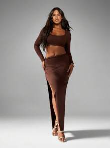 MISSGUIDED Braided Trim Long Sleeve Two Piece Co-Ord Set Crop Top High Split Maxi Skirt Ruched Detail Party Evening Fall Winter Occasion Wear - Coffee Brown - View 4