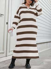 EURMUSE Plus Size Two-Tone Striped Pattern Drop Shoulder Loose Half Zip Up Oversized Sweater Dress - Brown - View 5