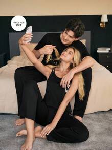 SHEIN 柔软亲肤心形印花男士睡衣套装 - 黑色 - 查看 7