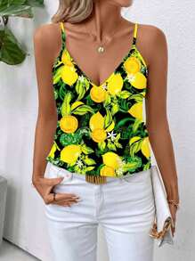 SHEIN Clasi Casual Lemon Floral Print Cami Top For Women, Summer Suitable For Going Out, Halter Top - Multicolor - View 4