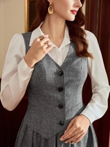 Vintamour Conjunto de traje de mujer vintage clásico y elegante con Top tipo chaleco, falda acampanada con bolsillos - Gris - Ver 7