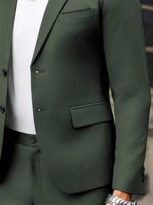 Calvornis 男士简约纯色翻领西装外套和裤子套装，适合工作和通勤 - 軍綠色 - 查看 5