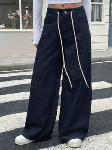 DAZY 女士系带口袋阔腿宽松休闲牛仔裤 - 藏蓝色 - 查看 2