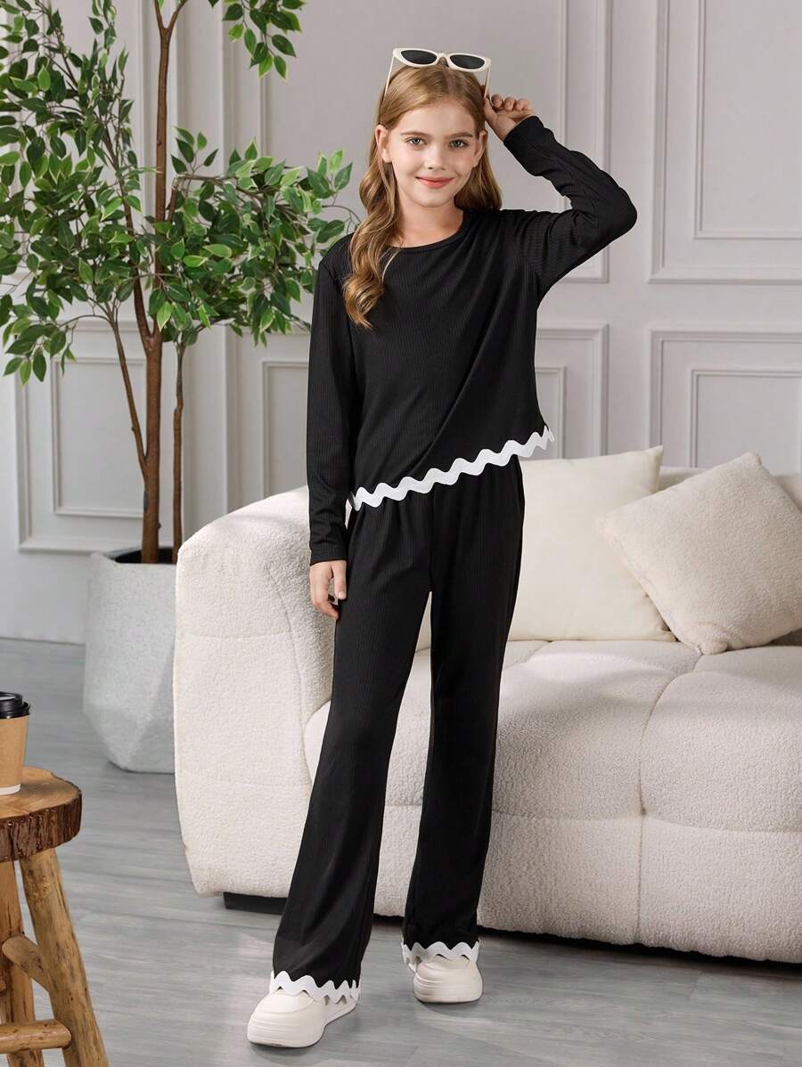 Set de camiseta y pantalones de cinta de color contrastante casual para niña preadolescente - Negro - Ver 1