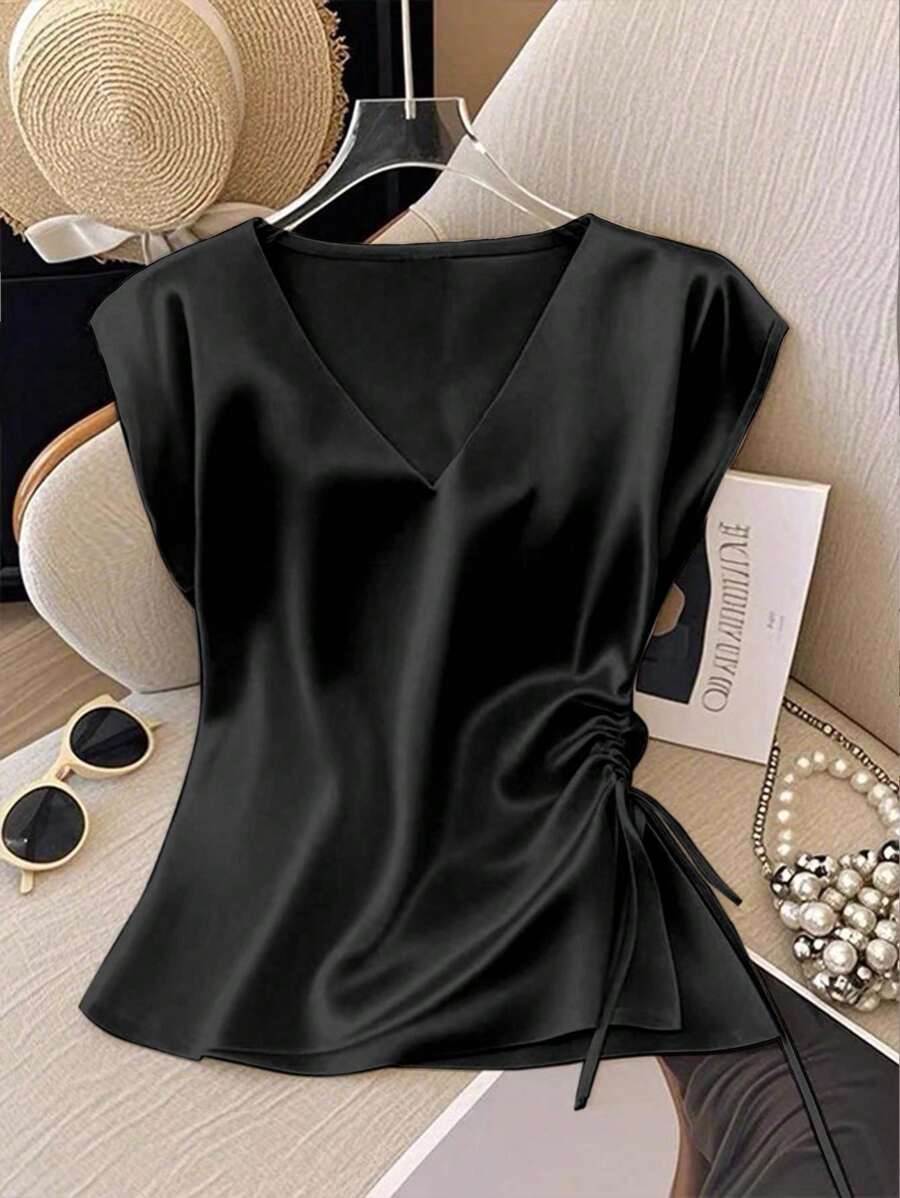 GlowEve Women's Solid Color Minimalist Casual V-Neck Tie Front Blouse - Black - View 1