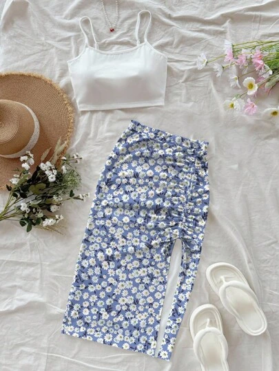  Conjunto de 2 piezas de vacaciones para mujer Soleia, camiseta sin mangas con estampado de margaritas azules y blancas y falda larga, traje ajustado para vacaciones, citas, té, fiesta, playa, crucero, vacaciones en la isla, viaje por carretera, festival de música, Boho vacaciones y vestido de playa. Se puede usar por dentro o por fuera