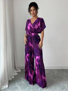 Elenzga Women's Elegant Commuter Floral Print Pleated Jumpsuit - Purple - View 6