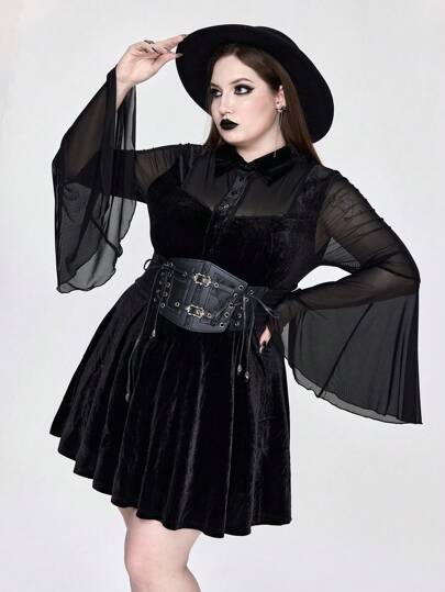 Goth Plus Size Gothic Vintage Velvet & Mesh Patchwork A-Line Bell Sleeve Dress