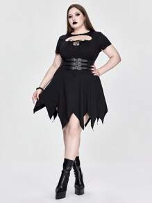 ROMWE Robe d'été pour femmes grandes tailles, col chauve-souris gothique, ourlet asymétrique ajouré - Noir - Voir 1
