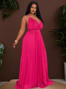 Veslaya 2025 年新款春夏日常/休闲/度假/海滩/旅行紫红色交叉细肩带高低褶皱连衣裙，专为大码女性设计 - 玫紅色 - 查看 2