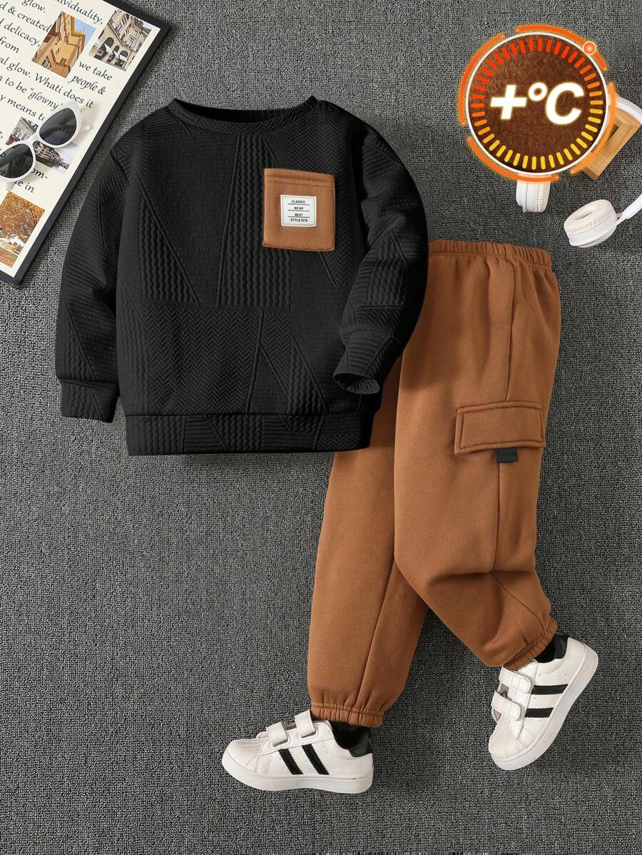 SHEIN Leap Crew Young Boy 2pcs/Set Casual Cute Colorblock Round Neck Sweatshirt With Pockets & Elastic Waist Pants Knitted Set, Suitable For School, Garden, Beach, Birthday In Spring, Summer, Autumn And Winter - Black - View 1