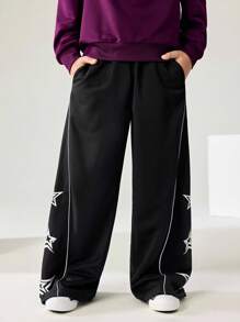 JNSQ 青少年男孩服装，秋季弹性腰部趣味星星印花超大休闲运动卫衣和直筒裤，适合秋冬日常穿着、户外活动、度假、街头服饰、派对和休闲 - 黑色 - 查看 4