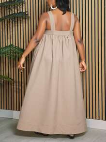 Slaydiva 2025 新款春夏女装大码秋季/返校/开学服装/Y2K/工作/办公室/户外服装/机场服装/毕业约会/优雅度假/街头风格女士度假服装宽松卡其色吊带带口袋，大码廓形A摆长裙 - 卡其色 - 查看 2