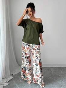 SHEIN VCAY 2pcs/Set Women's Vacation Solid Color Asymmetrical Neck Blouse And Floral Print Pants Casual Suit - Army Green - View 6