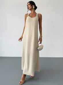 Firerie Váy dài không tay thoải mái, rộng rãi, giống vải lanh dành cho nữ, thích hợp mặc hàng ngày, đi biển, đi làm, đi nghỉ, theo phong cách Bohemian, Hawaii, Xuân/Hè - Màu be - Xem 6