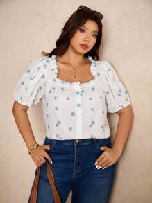 Elaquor Plus Size Women Floral Pattern Ruffle Trim Square Neck Short Puff Sleeve Blouse