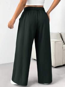 SHEIN EZwear 大码女式休闲纯色褶皱宽松阔腿裤 - 深灰色 - 查看 2