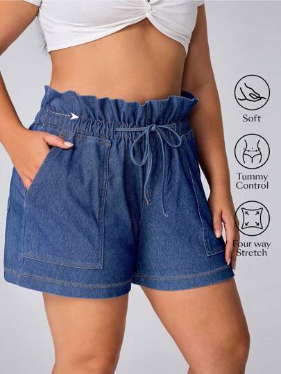 Flexra 大码女式牛仔风格抽绳腰部宽松牛仔短裤，适合秋季、牛仔竞技表演