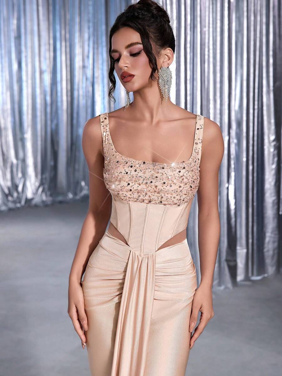 Glamrae Váy đuôi cá xếp nếp dệt kim co giãn đính hạt sequin lấp lánh sang trọng thanh lịch, thích hợp cho đám cưới, tiệc cocktail, ngày lễ, dạ hội, váy dạ hội (được tô điểm nhiều) - Màu be - Xem 1