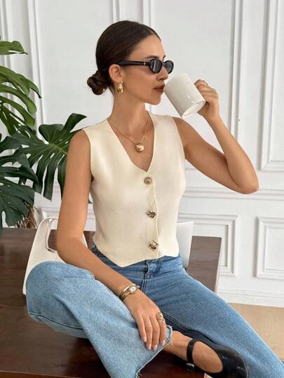 Serisse Chaleco de punto con cuello en V de un solo pecho de metal para mujer