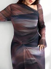 Modelyn Dress asimmetrico a scollo a girocollo con elegante effetto Tintura a nodi per taglie forti - Blu Navy - Visualizzare 3