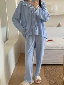 青少年女孩淺藍色純色寬鬆蕾絲飾邊蝴蝶結長袖上衣與長褲睡衣套裝，柔軟睡衣，秋季，仙女風，家庭套裝 - 淺藍色 - 查看 6