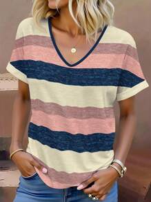 EMERY ROSE Áo thun nữ cổ chữ V tay ngắn họa tiết sọc cỡ lớn, bo gấu tay, dáng rộng thoải mái mùa hè - Nhiều màu - Xem 3