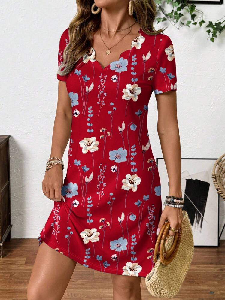Breezaya Women's Summer Vacation Floral Print V-Neck Short Sleeve Dress - Red - View 3