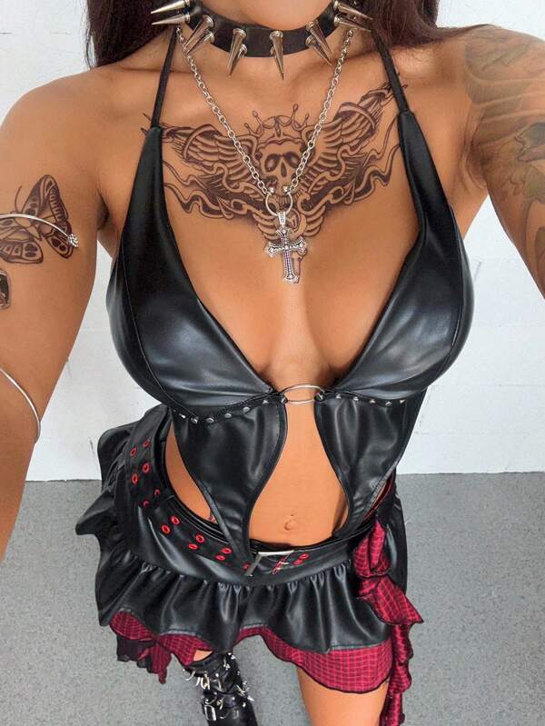 Coolane Women's Summer Rave Outfit Hippie Coachella Vintage Y2K Grunge Straps Rivet Halter Top