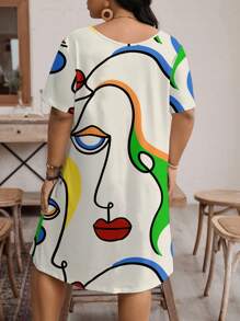SHEIN LUNE Vestido casual de manga corta cuello redondo con estampado de retrato abstracto, talla grande, verano