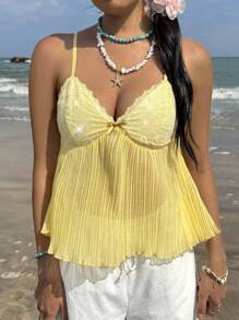 CovetEZ Women's Beach Seaside Sweet Clean Girl Cream Yellow Pure Sequins Sequins Splicing Lace Chiffon Pleated Cami Top, Fashionable And Comfortable Summer Babydoll Top, Going Out
