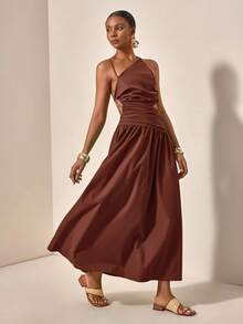 Zivah Nuevo vestido cruzado cruzado con abertura y espalda descubierta, estilo casual y casual para vacaciones - Marrón - Ver 3